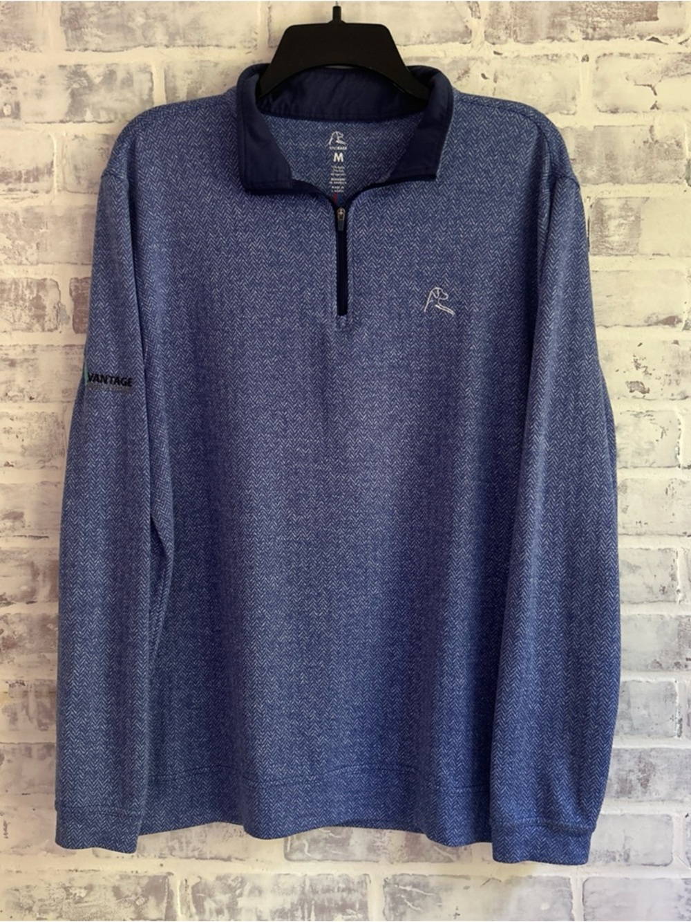 Rhoback Mens Medium Herringbone Jacquard Soft Performance Blue 1/4 Zip W/ LOGO